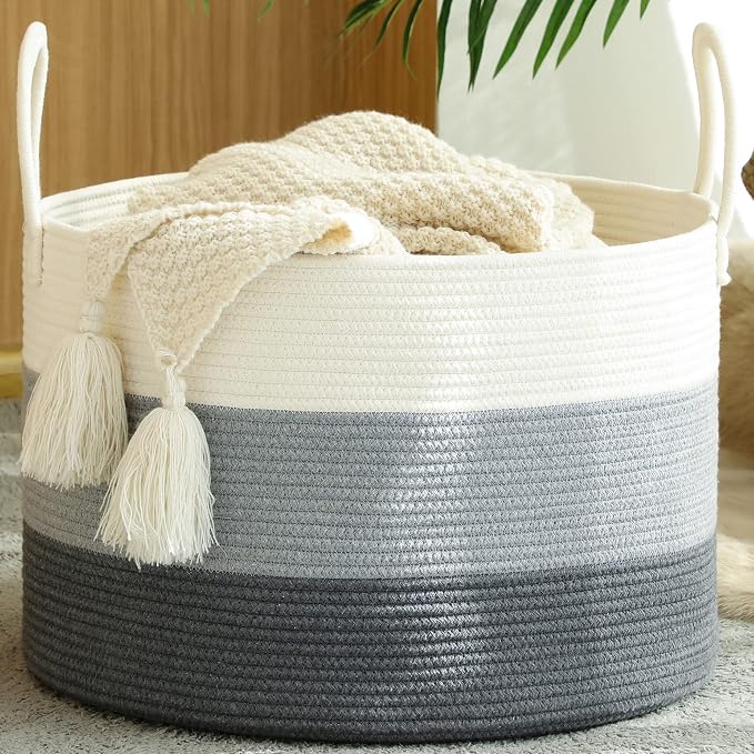 KAKAMAY Large Blanket Basket (20"x13"),Woven Baskets for storage Baby Laundry Hamper,Cotton Rope Blanket Basket for Living Room, Laundry, Nursery, Pillows, Baby Toy chest with Handles (White/Grey) | Extra Large Capacity | Natural Cotton Rope | Blanket ...