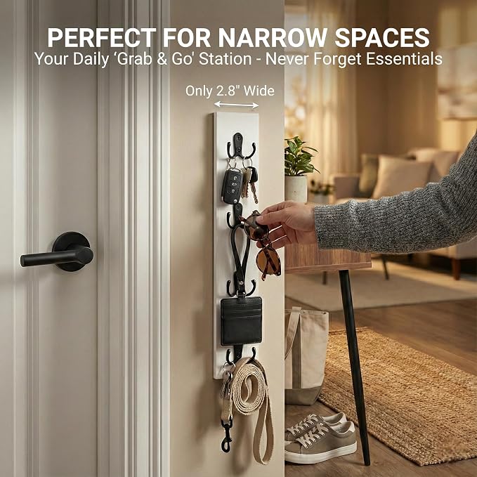 Vertical Key Holder for Wall & Dog Leash Holder – Solid Wood Wall Mount Key Rack with 8 Hooks – Small Space Saving Entryway Organizer for Keys, Lanyards, Masks (Adhesive or Screws) (White)