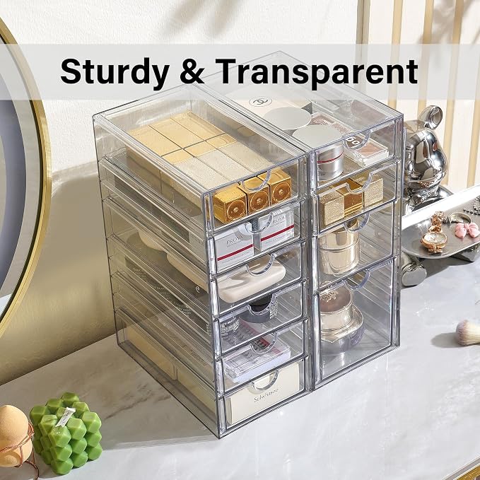 Prsildan Hair Accessories Organizer Acrylic Drawer with 10 Drawers | Clear, Craft Art Supply Storage, For Office Desk Bathroom Vanity Countertop, Set of 2