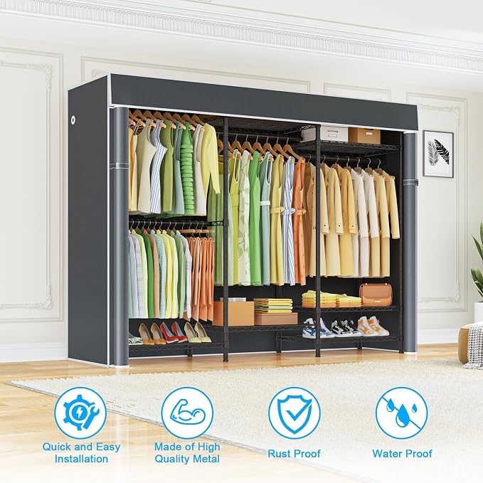 E13C Heavy Duty Closet Organizer System，Freestanding Clothing Racks for Hanging Clothes，Adjustable Garment Rack 63" W x 16" D x 77" H Hold 960 lbs，Black Clothing Rack with Grey Dustproof Cover