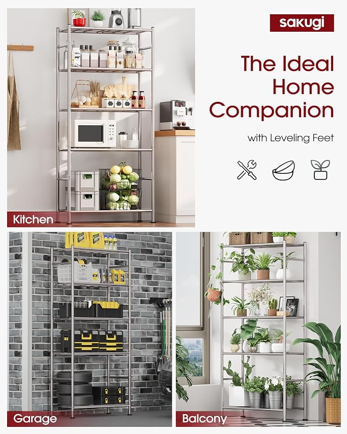 Sakugi 5-Tier Storage Shelves 33.1" x12.6' x73.5 Silver with Wheels | Kitchen, Closet, Pantry, Garage, Heavy Duty, Adjustable Feet, Metal Construction