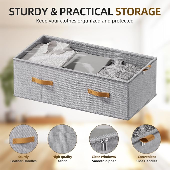 10inch 3 Pack Under Bed Storage Containers, 10 Inch Tall Underbed Clothes Storage Organizer Bin with Clear Window，Foldable Box Basket for Clothes, Closet, Bed Sheets and Blankets Light gray