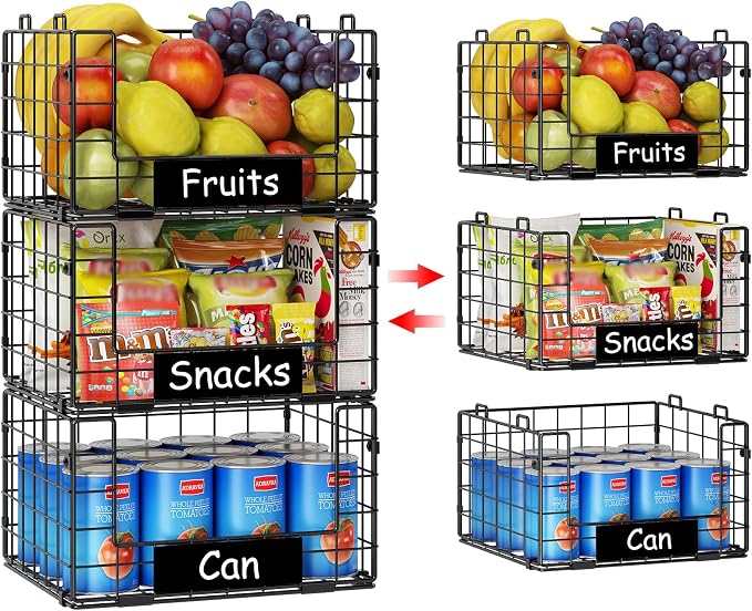 3 Pack XL Stackable Wire Baskets with Handle, Pantry Organizers and Storage | Snack Organizer & Vegetable Basket & Metal Pantry Bin & Fruit Basket for Kitchen Counter