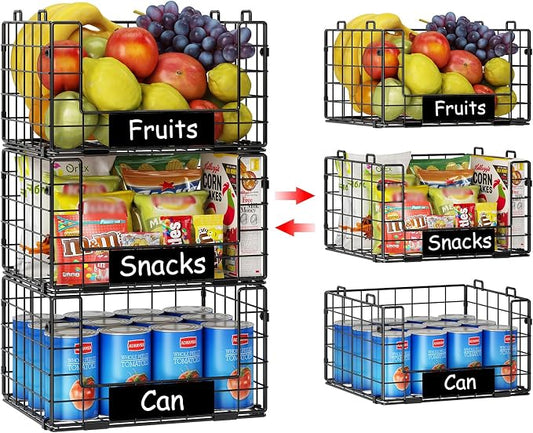 3 Pack XL Stackable Wire Baskets with Handle, Pantry Organizers and Storage | Snack Organizer & Vegetable Basket & Metal Pantry Bin & Fruit Basket for Kitchen Counter
