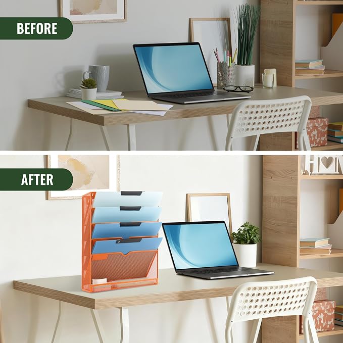 EASEPRES 6 Tier Mesh Hanging Wall File Organizer, Desk Vertical Mail Paper Document Folder Holder Rack with Bottom Tray and Nametag Label for Office Home School, Orange