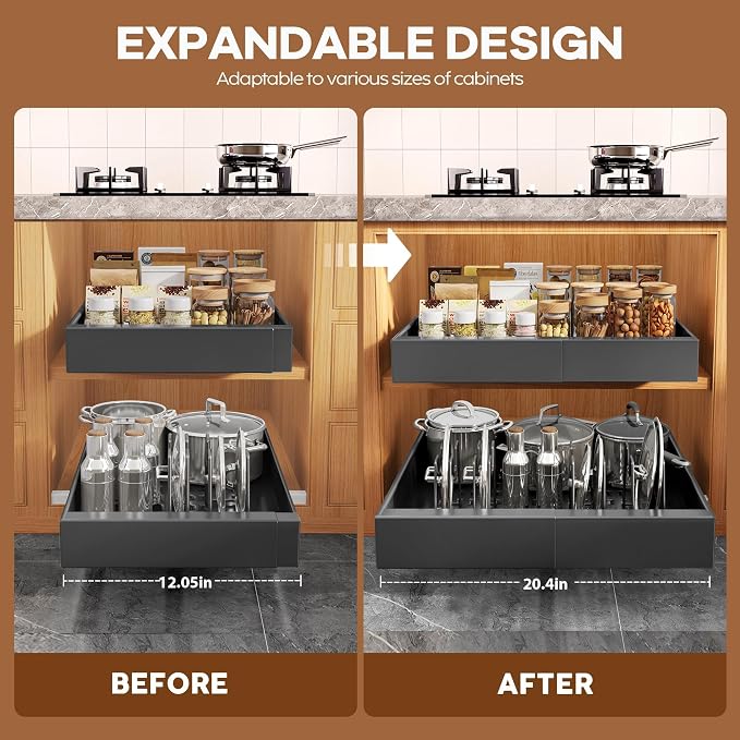 Seinloes 4Pack Expandable Pull Out Cabinet Organizer 21"Deep With Raising Pad for Framed Cabinets,Slide Out Drawers with 4pcs Divider Racks,Roll Out Shelves Adhesive,Adjustable Width 12.05"-20.4"Black
