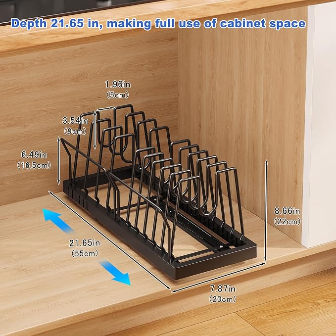 Mustorn Pots and Pans Organizer Under Cabinet, 21.6" Deep Pull Out Pot Lid Organizer Holder with Guardrail Adhesive Pot and Pan Holder Rack with 10 Adjustable Dividers-1 Pack(Black)