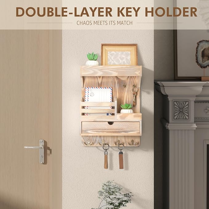 Rebee Vision Key Holder Wall Mount with Drawer for Entryway, Natural Wood | Key Holder for Wall, 6 Key Hooks, Wall Shelf, Drawer Organizer, Mail Sorter, Key Hanger Home Decor, Decorative Home Storage