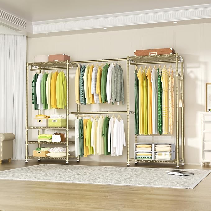 Ulif E1 Heavy Duty Closet Garment Rack, 6 Tiers Adjustable Metal Freestanding Expandable Clothing Storage with 4 Hanger Rods, Easy to Assemble Wardrobe, 71.4" H x (70" - 88.2") L x 14" D, Gold