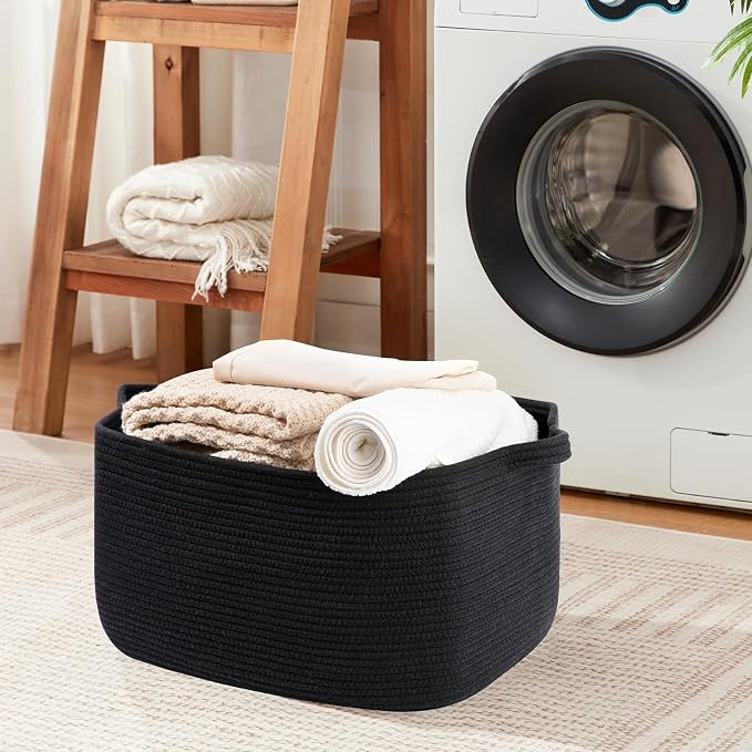 OIASKET Large Blanket Basket, Black Blanket Storage Living Room, Rectangle Woven Baskets for Storage Toys, Towels, Dirty Clothes Organizer Bins (Black)