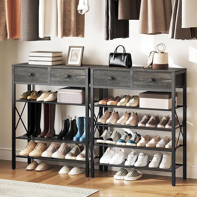 5 Tier Shoe Rack, Large Capacity Shoe Storage Organizer, Metal Shoe Shelf with Drawer and Wooden Top, for 20 Pairs of Shoes, for Entryway, Closet, Charcoal and Black SS25BCY1