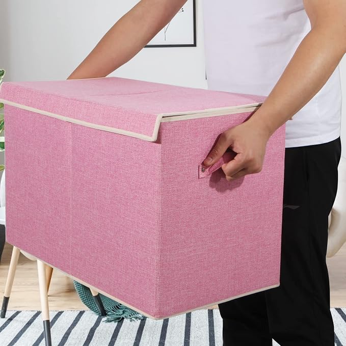 Large Toy Box Chest Storage with Flip-Top Lid, Kids Toy Storage Bin Boxes | Toy Chest with Rivets Handles for Kids, Boys, Girls, Nursery, Playroom, Living Room, Bedroom, 25"x 13" x 16" (Linen Pink)