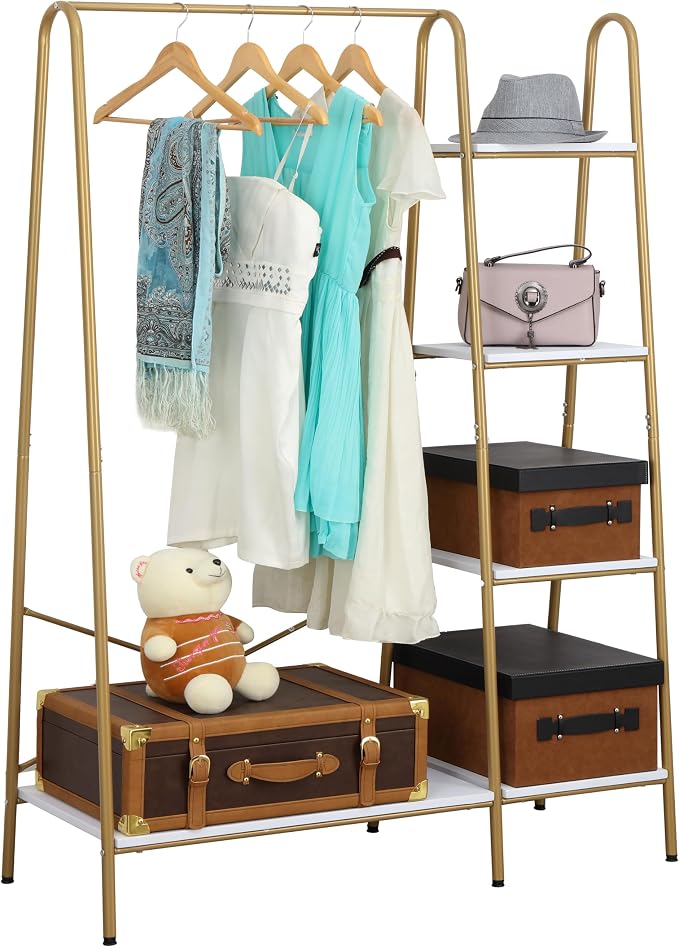 Finnhomy Clothes Rack, Clothing Rack for Hanging Clothes Heavy Duty Garment Rack with 5 Wood Shelves Freestanding Portable Closet Organizer for Bedroom/Entryway/Boutiques，Gold