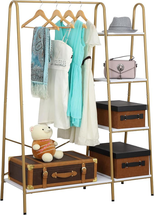 Finnhomy Clothes Rack, Clothing Rack for Hanging Clothes Heavy Duty Garment Rack with 5 Wood Shelves Freestanding Portable Closet Organizer for Bedroom/Entryway/Boutiques，Gold