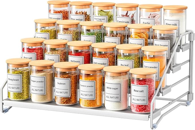 Spice Rack Organizer for Cabinet, Depth Adjustable 4 Tier Spice Rack,1 Pack | Silver, Metal Spice Organization for Cabinet, Easy Visibility, Tiered Spice Rack Perfect for Cabinet, Pantry and Countertop