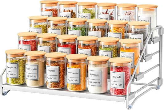 Spice Rack Organizer for Cabinet, Depth Adjustable 4 Tier Spice Rack,1 Pack | Silver, Metal Spice Organization for Cabinet, Easy Visibility, Tiered Spice Rack Perfect for Cabinet, Pantry and Countertop