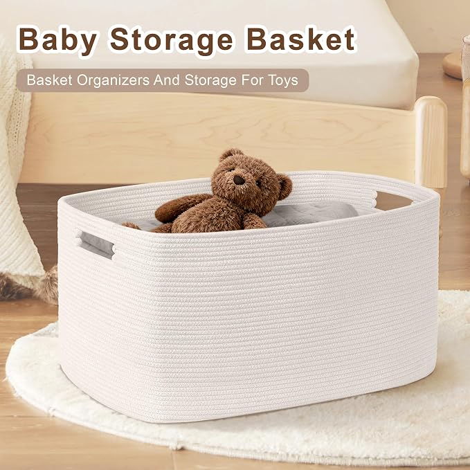 60L Woven Laundry Basket Hamper with Handles, White | collapsible wicker hamper, storage for dirty clothes, toys, blankets, gifts, living room, bedroom, bathroom, 21"x15"x11"