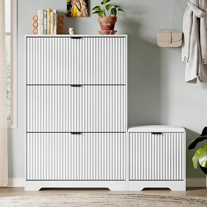 Xixini Shoe Storage Cabinet for Entryway with 3 Flip Drawers & Bench, Slim Wood Shoe Organizer with Modern Fluted Panel, Freestanding Narrow Shoe Rack for Front Door Entrance, Hallway, Foyer, White