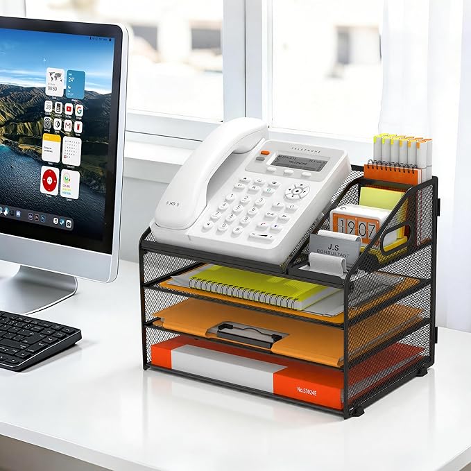 DocNest 4 Tier Metal Mesh Desk File Organizer with Phone Shelf, Black | Desktop letter tray sorter features a 9.1x9.1 inch top phone holder, built-in sticky note compartment and pen holder