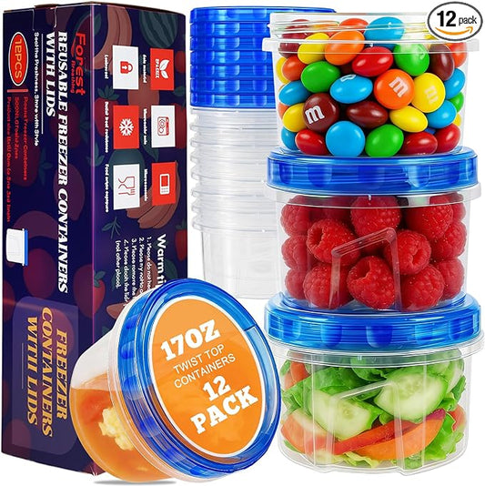 12 Pack 17oz Reusable Freezer Storage Containers with Twist Top Lids Airtight, Leakproof Plastic Food Storage Containers for Meal Prep Leftover Fruit Salad, Small Soup Container Microwave Freezer Safe