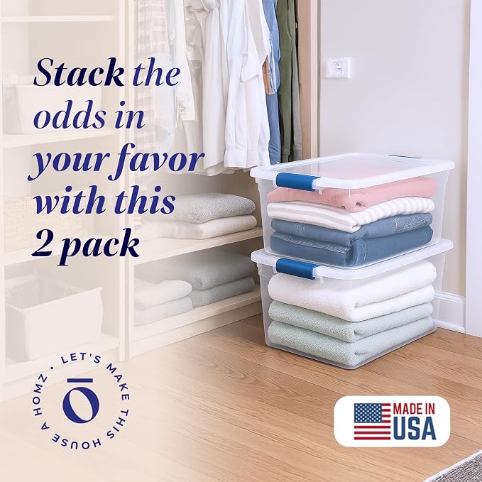 HOMZ 66 Quart Secure Seal Latch Clear Plastic Bin | Stackable & Nestable | Easy Grip Latching Handles | Home, Office, Dorm Room Organization | Blue Handles, 2 Pack | Large Stackable Container Boxes for Homes, Bathrooms, Garages, and Office Organization