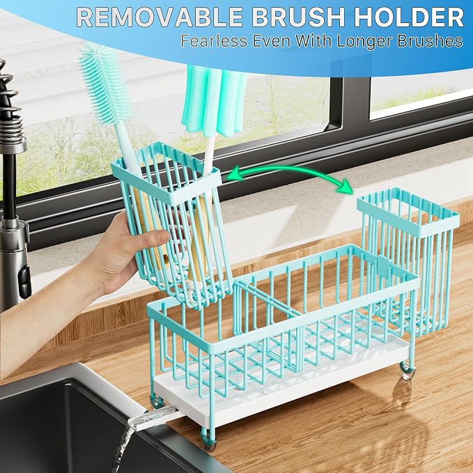 Cisily Sponge Holder for Kitchen Sink, Sink Caddy Organizer with High Brush Holder, Kitchen Countertop Organizers and Storage Essentials, Rustproof 304 Stainless Steel (Turquoise, 9.25″)