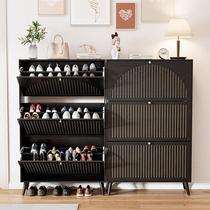 Fsbecl Shoe Storage Cabinet for Entryway with 3 Fluted Flip Drawers, Black | Narrow Design, Freestanding Shoe Rack with Adjustment Shelves, Wooden Hidden Organizer for Hallway Foyer, 18-24 Pairs