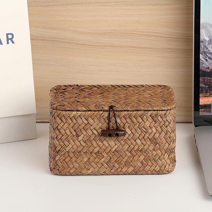 Small Wicker Basket with Lid, Seagrass Organizer, 6.1" x 4" x 3.3" | Handwoven Wicker Storage Basket, Multipurpose Household Organizer for Dental Floss, Paper Clip, Home Decor
