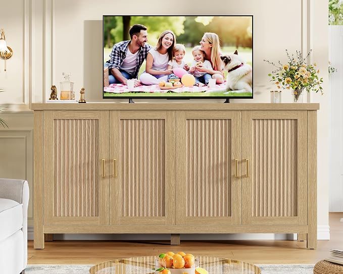 usikey 55" Buffet Cabinet with Storage, Large Sideboard Buffet Cabinet with 4 Adjustable Shelves, Modern Fluted Coffee Bar for Kitchen, Living Room, Natural