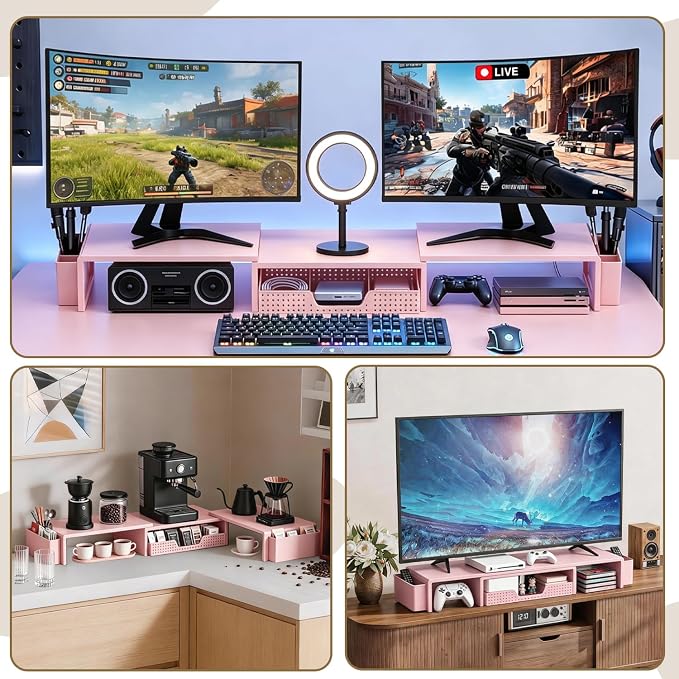 LEKETREE Dual Monitor Stand Riser with Drawer, Desk Organizer and Accessories, Monitor Stand for Desk, Desktop Stand for Computer, Laptop, TV and More (Pink)