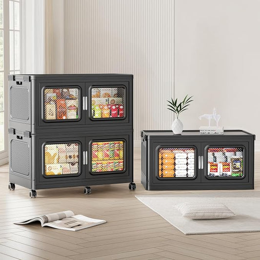 BROVIEW 660 Qt/165 Gal Stackable Storage Bins with Lids, 3 Pack, Black | Large Stackable Storage Boxes w/ 3 Lid Folding Plastic Cart Organizer for Home Kitchen, Open Front Clear Door with Wheels
