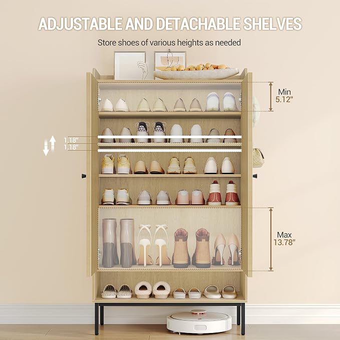 Hzuaneri Shoe Cabinet, 7-Tier Shoe Storage Cabinet with Adjustable Shelves | Wooden Shoes Organizer Cabinets with Doors & Top Storage Layer, 28-32 Pairs, for Entryway, Hallway, Rattan SR68702Y