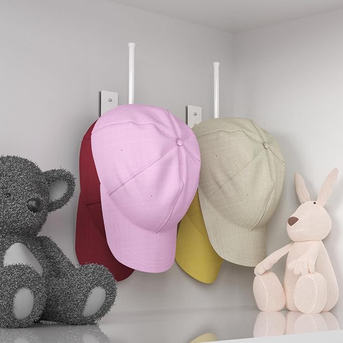 Durmmur Stainless Steel Hat Organizer, Hat Rack for Wall,Each Holds 15 Hats | 6P Strong Adhesive/Wall Drilled Hat Holder, Hat Hooks, Hat Hanger Baseball Cap Organizer for Door,Bedroom,Closet(White 6 in)