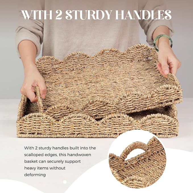 Scalloped Seagrass Tray, Hand-Woven Wicker Storage Baskets with Scalloped Edge and Handles (17x13x3 inch) Rectangular Handwoven Trays, Seagrass Basket for with Built-in Handles, 2 Pack