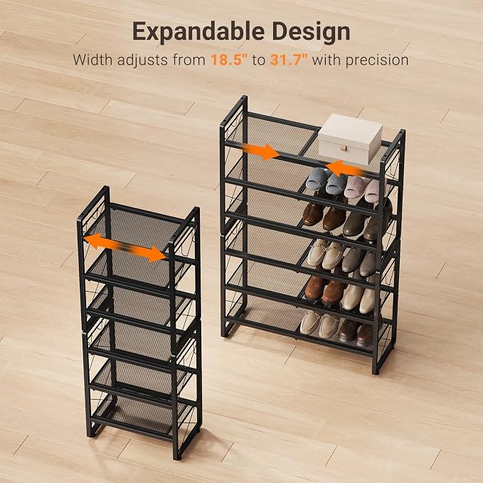 ELYKEN Expandable Shoe Rack for Closet, 6-Tier Metal Black Shoe Organizer | Adjustable Height Shoe Shelf for Boots, Heels, with 8 Hooks, Stackable Shoe Stand Holder for Entryway, Garage, Door Entrance