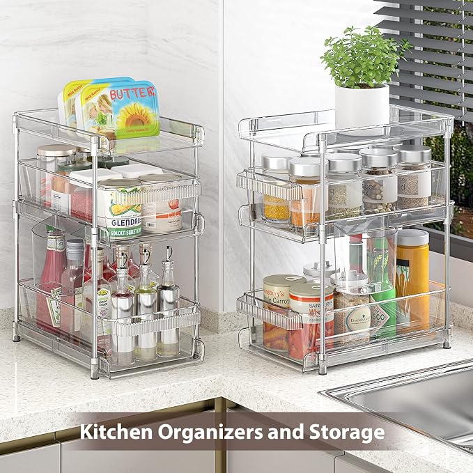 WAKISA 2Pcs Pull Out Organizer and Storage with Cups and Removable Dividers | Slide Out Drawer Storage Containers for Bathroom, Kitchen and Under-Sink Organization with 2 Cups and 6 Removable Dividers
