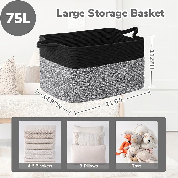 Goodpick Large Woven Blanket Basket, Rectangle Toy Organizer, Black & Gray | 21.6 x 14.9 x 11.8 in, Reinforced Handles, Toys, Blankets & Nursery Essentials Storage, Living Room & Bedroom Organization