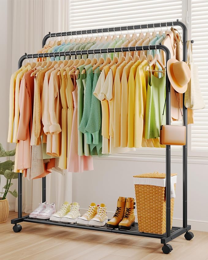 Sakugi Clothes Rack - Double Rods Clothing Rack with Mesh Shelf, Hooks & Wheels, Metal Clothing Racks for Hanging Clothes & Bags, Multifunctional Garment Rack for Laundry, Black, 47.2" x 16.9" x 59.1"