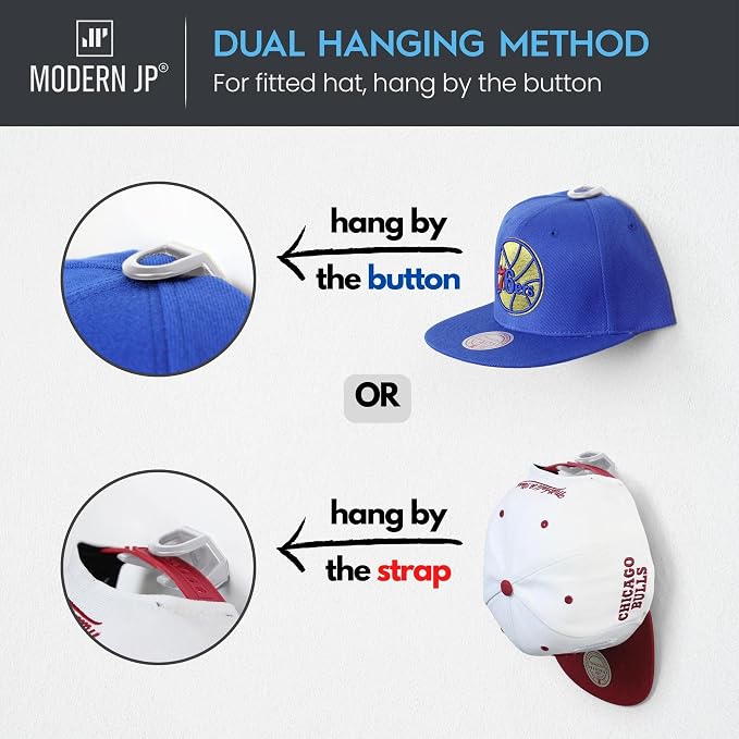 Adhesive Hat Hooks for Wall (16-Pack) - Hat Rack for Baseball Caps, Minimalist Hat Display, Strong Hold Hat Hangers for Wall - USA Patented, White