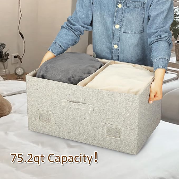 Storage Bins with Lids Fabric Closet Organizers Cubes Office Organization | 75 Quarts 1 Pack Beige Collapsible Stackable Linen Fabric 4 Handles Bedroom Closet Cabinet Under Bed Clothes Toy Office File