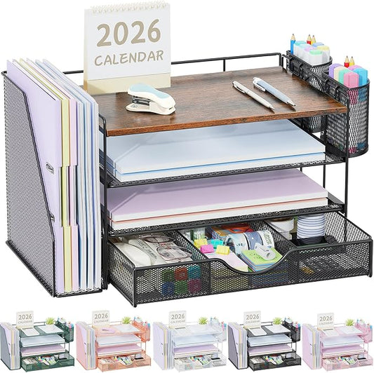 gianotter Desk Organizers and Accessories with File Holder, 4-Tier Desk Accessories & Workspace Organizers with Drawer and 2 Pen Holder, Paper Organizer for Office Supplies (Wood)