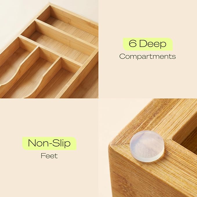 Drawer Organizer with Knife Block for Kitchen Organization, Bamboo Silverware Drawer Organizer, Compact Bamboo Cutlery Tray for Flatware and Utensils, Removable 7-Slot Knife Block for Kitchen Drawers