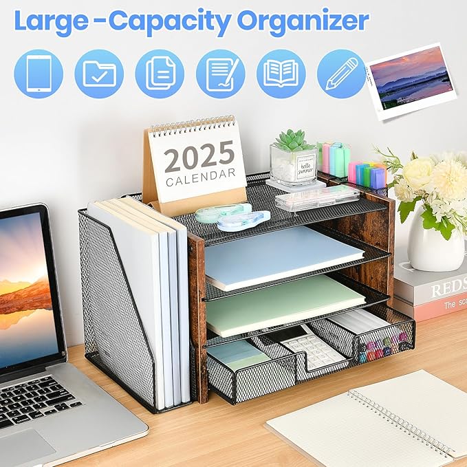 OPNICE Desk Organizer, 4-Tier Desktop File Organizer with Drawer and Pen Holders, Office Desk Accessories, File Sorters, Workspace Organizers for Office Supplies(Brown Wood)