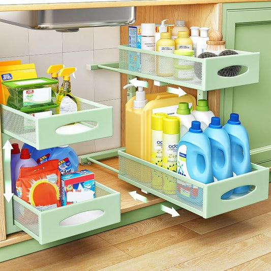 Under Sink Organizer, 2 Tier Pull out Cabinet Organizer Baskets with Mesh Sliding Drawers, Slide out Storage Shelf for Home, Kitchen, Bathroom, Pantry, Office Cabinet(1 Pack, Green)