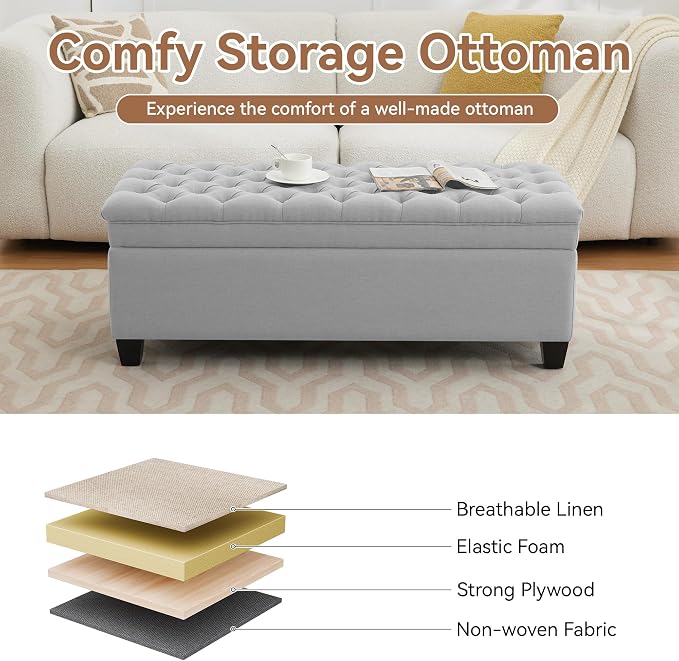 WUTUTUEE 51" Fabric Storage Ottoman Bench, Upholstered Rectangle End of Bed Storage Ottoman Tufted Living Room Bedroom Bench with Safety Hinge, Solid Wood Legs, Loads 500 lb(Light Grey)