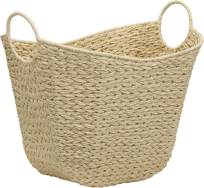 Household Essentials Cream Paper Rope Basket with Handles, Natural Woven Storage Basket