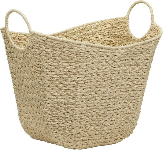 Household Essentials Cream Paper Rope Basket with Handles, Natural Woven Storage Basket
