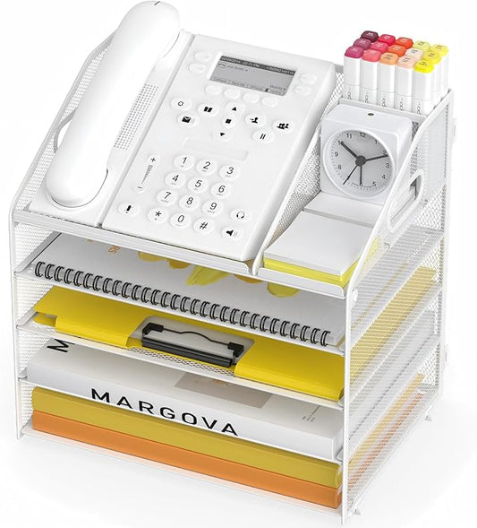 5 Tier Mesh Desk Organizer with Pen Holder and Handle Letter Tray | Metal desktop document shelf and paper sorter. Premium mesh workspace storage for office, home, and classroom