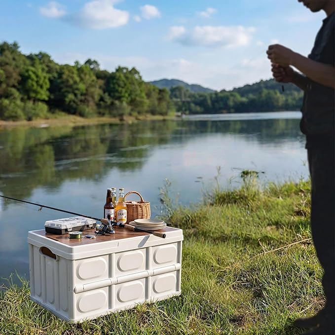 Collapsible Storage Bins with Lids, Camping Storage Box | 30L PP camping storage box with wooden lid, collapsible for campers, home storage, travel and outdoor organization.