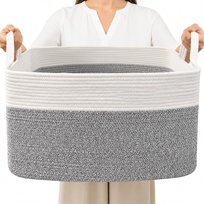 65L Collapsible Woven Rope Laundry Basket with Handles,White/Grey | 21x16x12 Foldable Rectangular Blanket Basket for Toys, Clothes & Pillows,Ideal for Nursery, Bathroom, Bedroom, Living Room